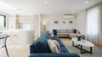 TV, fireplace, books, offices