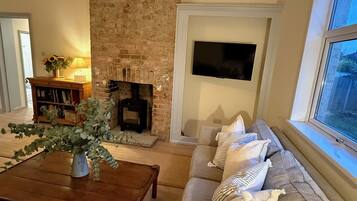 Smart TV, fireplace, books