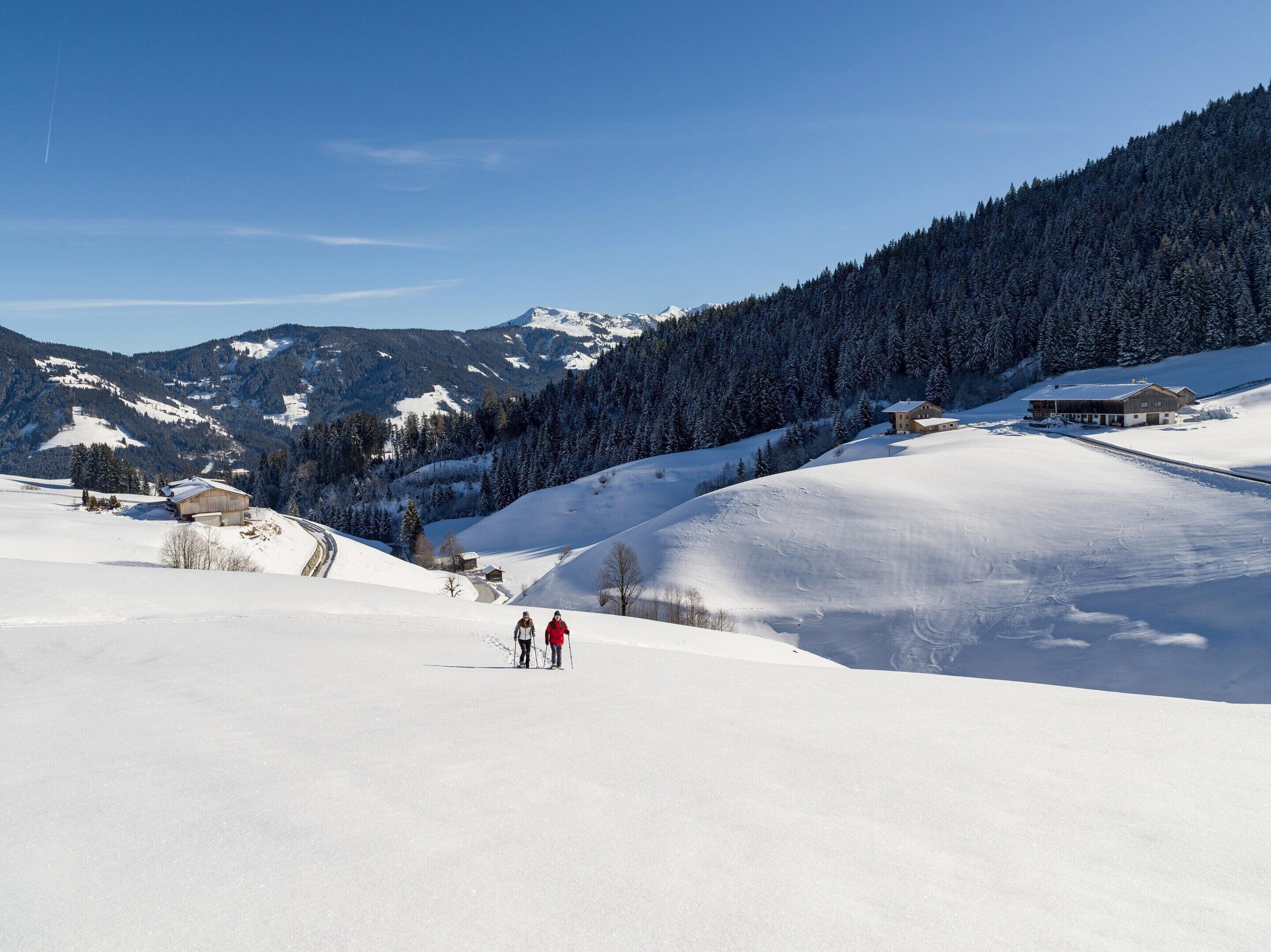 Un paysage enneigé avec un bâtiment, une route et une montagne boisée en arrière-plan.