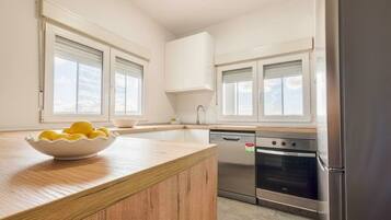 Fridge, oven, stovetop, cookware/dishes/utensils