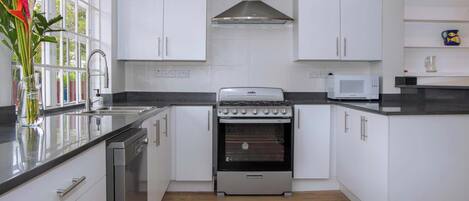 Fridge, microwave, stovetop, cookware/dishes/utensils