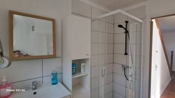 Shower, hair dryer, bidet, towels