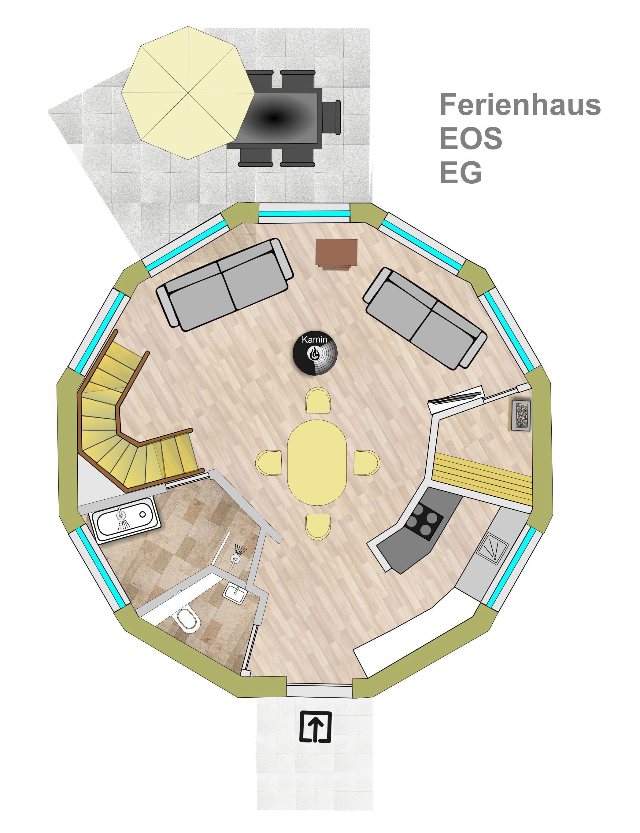 En ritning i perspektiv ovanifrån som visar planlösningen för ett hotellrum med ett litet pentry, en matplats, ett badrum och en liten balkong.