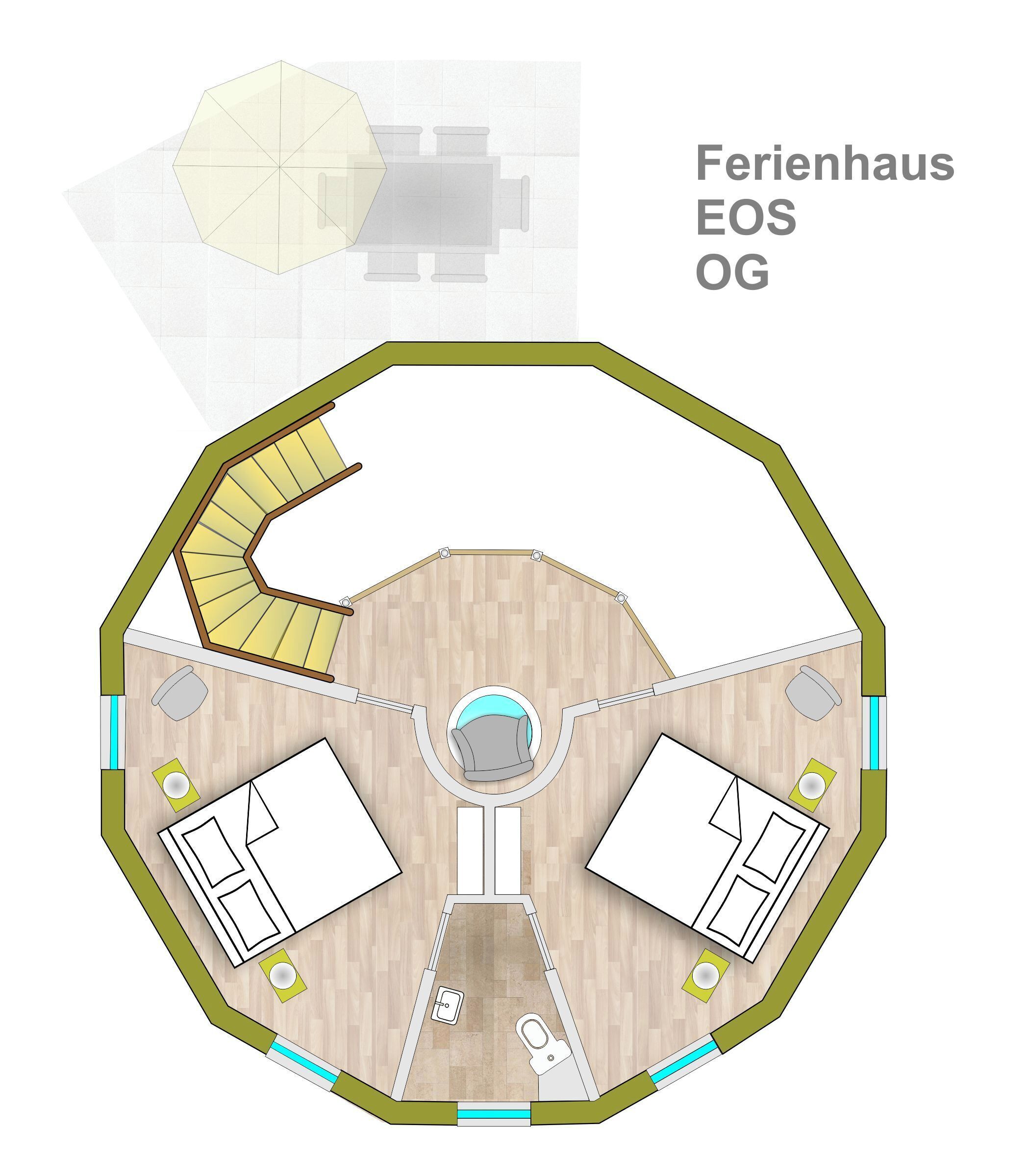 A floor plan of a hotel with a central circular area, two bedrooms, a bathroom, and a kitchen.