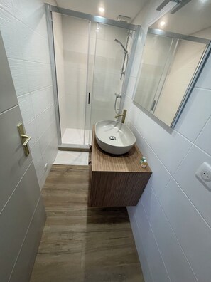Shower, towels, toilet paper