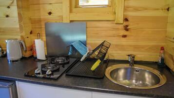 Fridge, microwave, stovetop, electric kettle