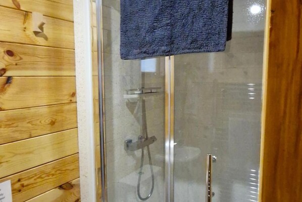 A glass-enclosed shower with a metal handle and a visible showerhead.