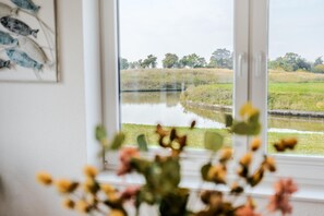 A view through a window of a pond and surrounding greenery.