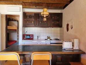 Een koelkast, een oven, een vaatwasser, een koffiezetapparaat/waterkoker