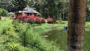 A house with a tiled roof, surrounded by lush greenery and a pond. - Rising Surya Homestay (Kushalnagar)