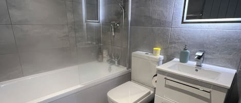Hair dryer, towels, soap, toilet paper