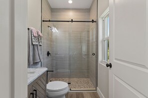 Shower, towels, soap, shampoo