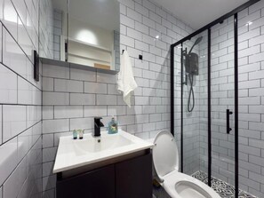 Hair dryer, towels, soap, toilet paper