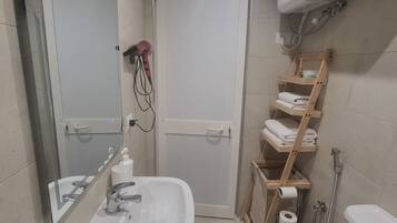 Shower, hair dryer, bidet, towels