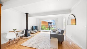 Smart TV, chimenea y libros 
