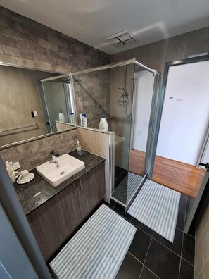 Shower, hair dryer, towels, soap