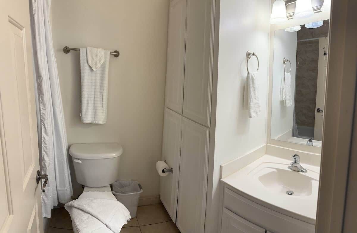 A bathroom with a toilet, a sink, a mirror, and a towel rack.