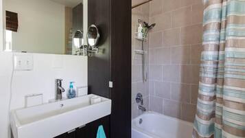Hair dryer, towels, soap, toilet paper