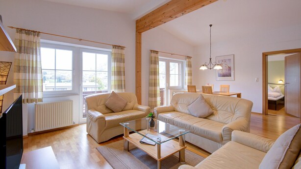 A spacious living room with two sofas, a glass coffee table, and large windows with curtains. - Bright Vicky Apartment With Infrared Sauna (Wildschönau)