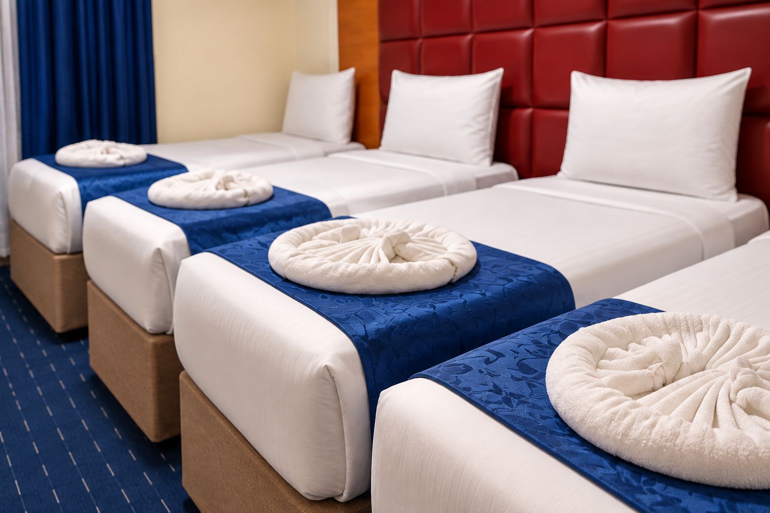Habitación de hotel con tres camas, cada una con almohada blanca y colcha azul.