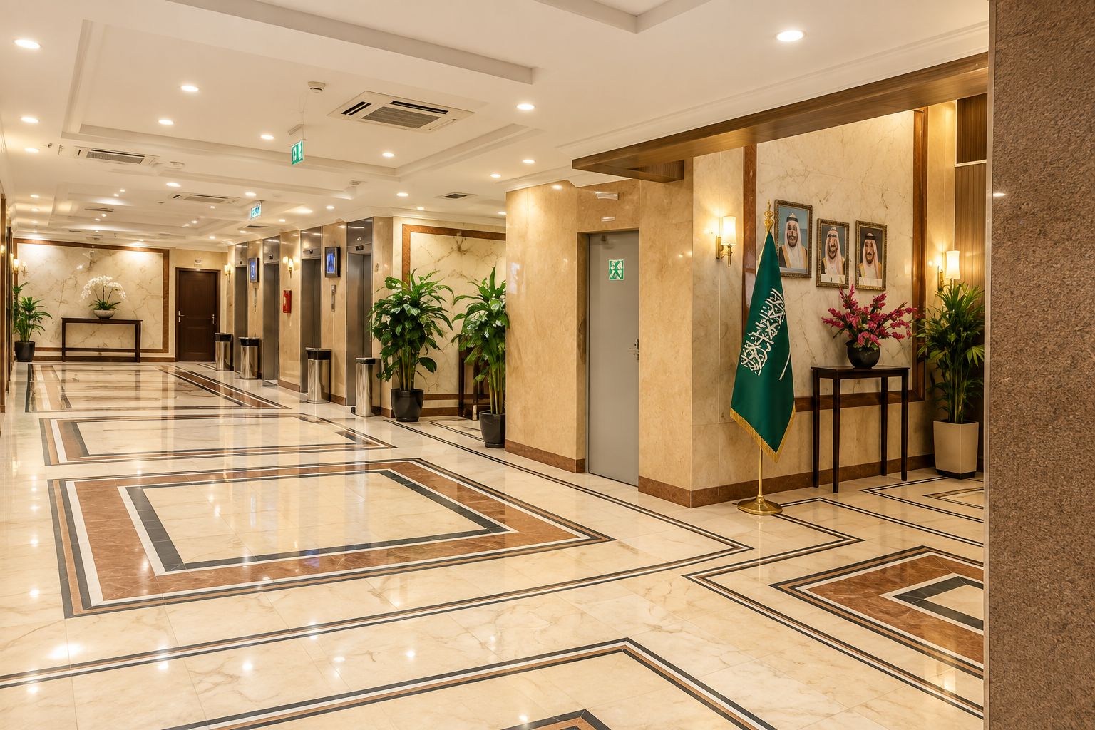 Vestíbulo de hotel con piso de mármol, ascensores, plantas en macetas y una bandera.