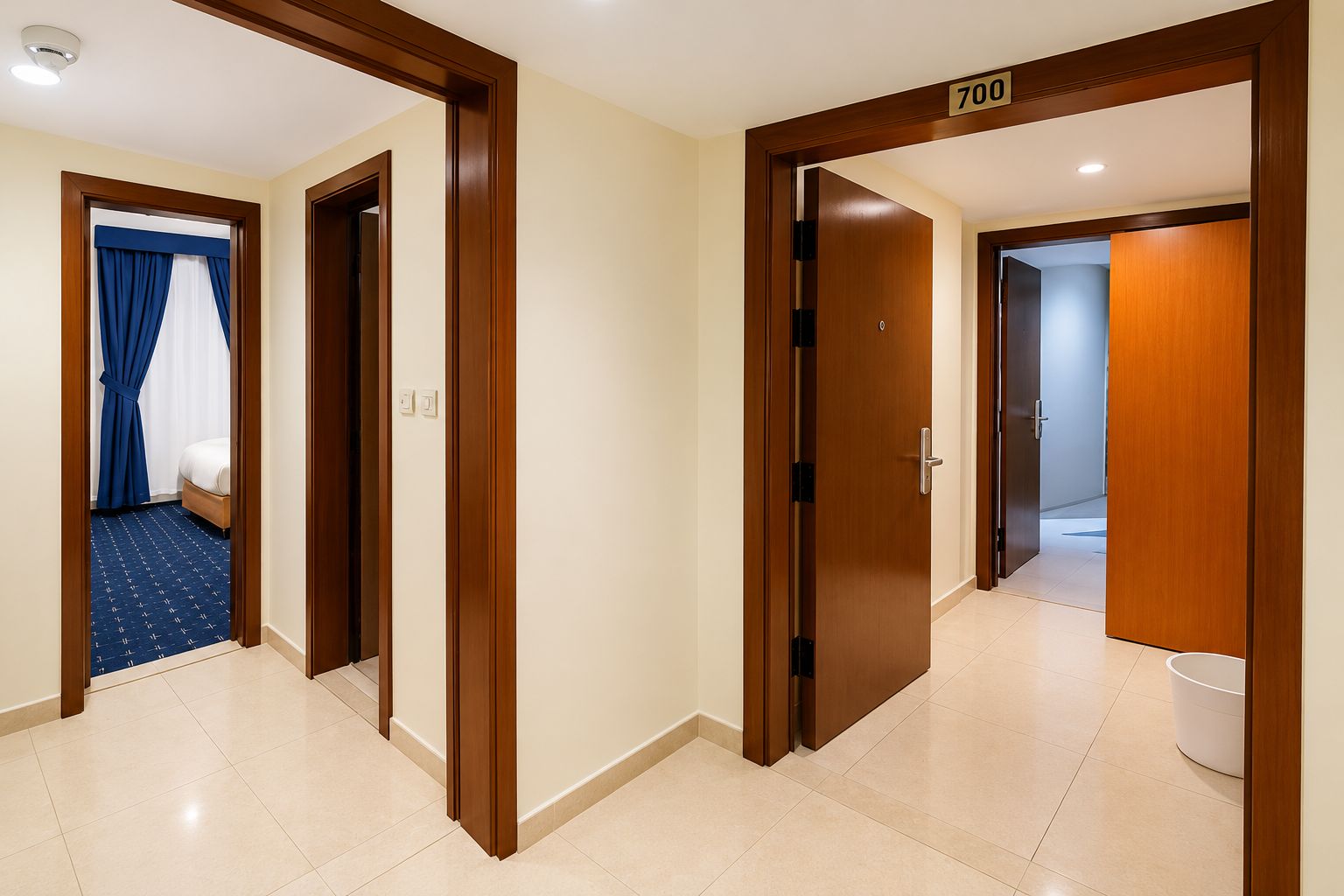 Een hotelgang met houten deuren, zichtbaar kamer nummer 700, en een blauw, patroonloos tapijt.