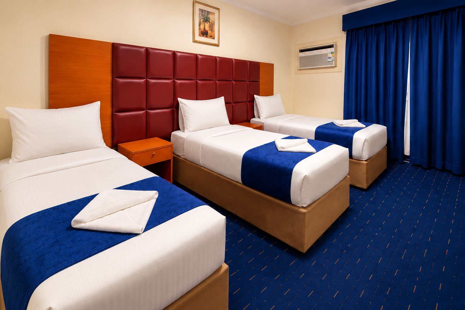 Habitación de hotel con tres camas, un cabecero de madera, una alfombra azul y un cuadro en la pared.