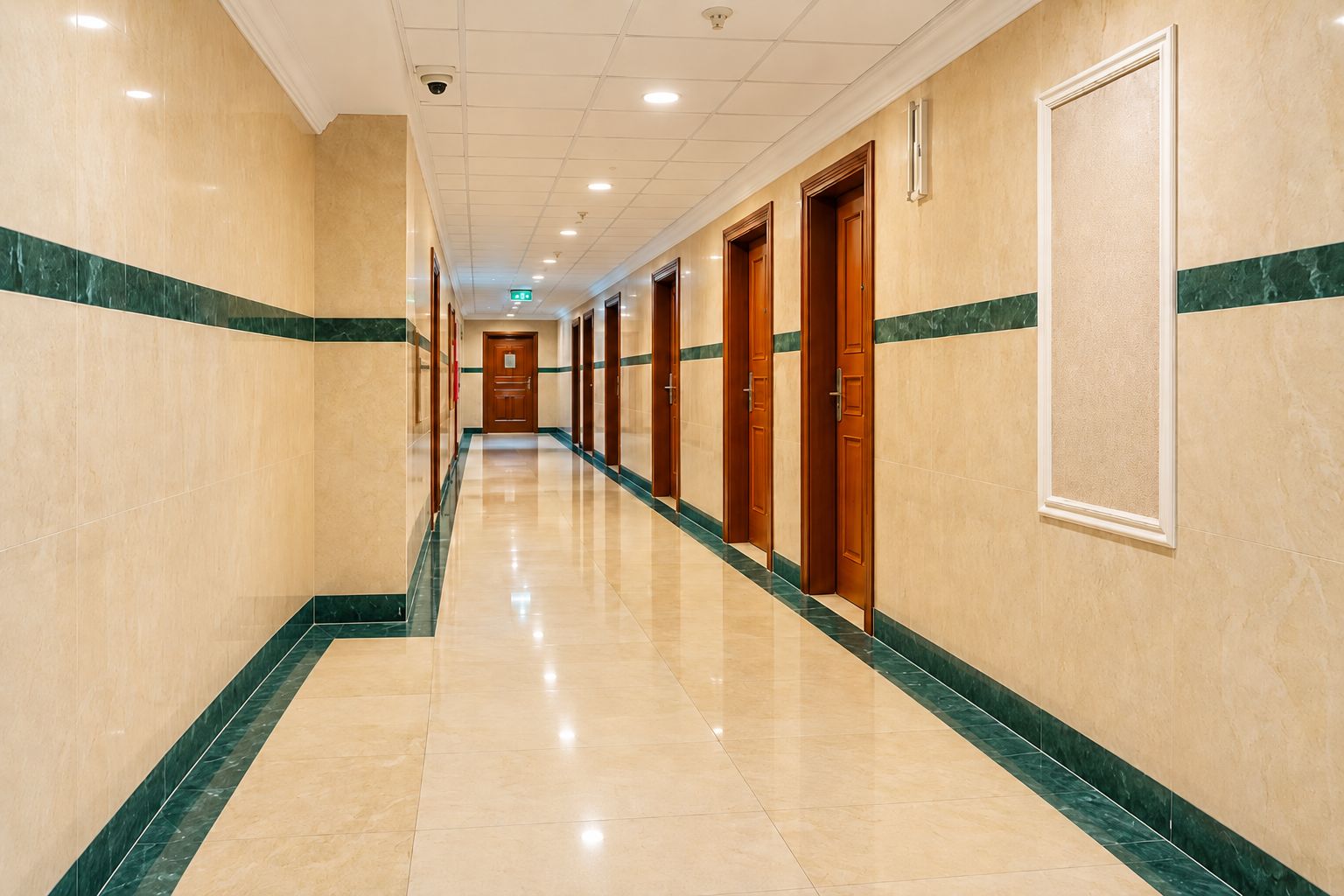 Un pasillo de hotel con piso de mármol, puertas de madera y detalles en verde mármol.