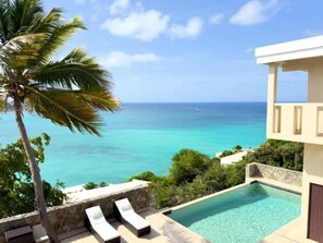 Une piscine avec vue sur l’océan, des chaises longues et un palmier.