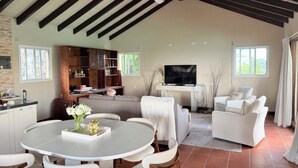 A spacious living room with a dining area, a TV, and a fireplace. - 5BR Hilltop Villa! Pool & Ocean Views (Sint Maarten)