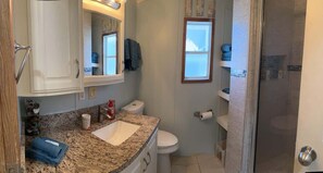 Shower, hair dryer, towels, soap