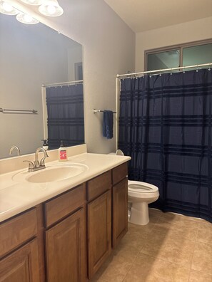 Hair dryer, towels, soap, toilet paper