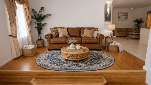 Een woonkamer met een bruine leren bank, een ronde houten salontafel, een blauw tapijt met patroon, en rieten manden.