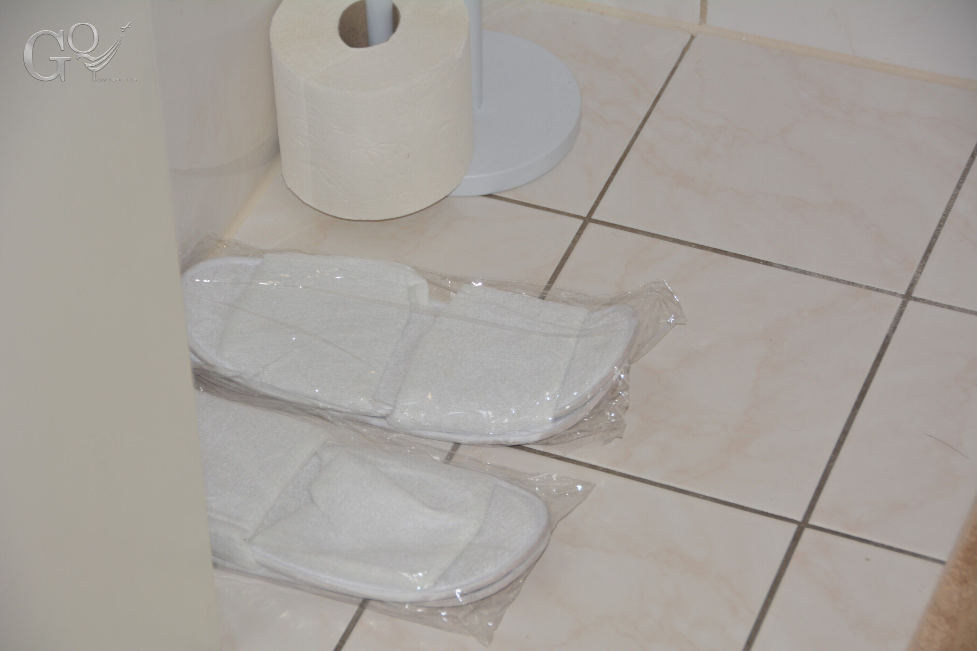 Une salle de bain avec un rouleau de papier toilette, un bidet et deux emballages en plastique sur le sol.