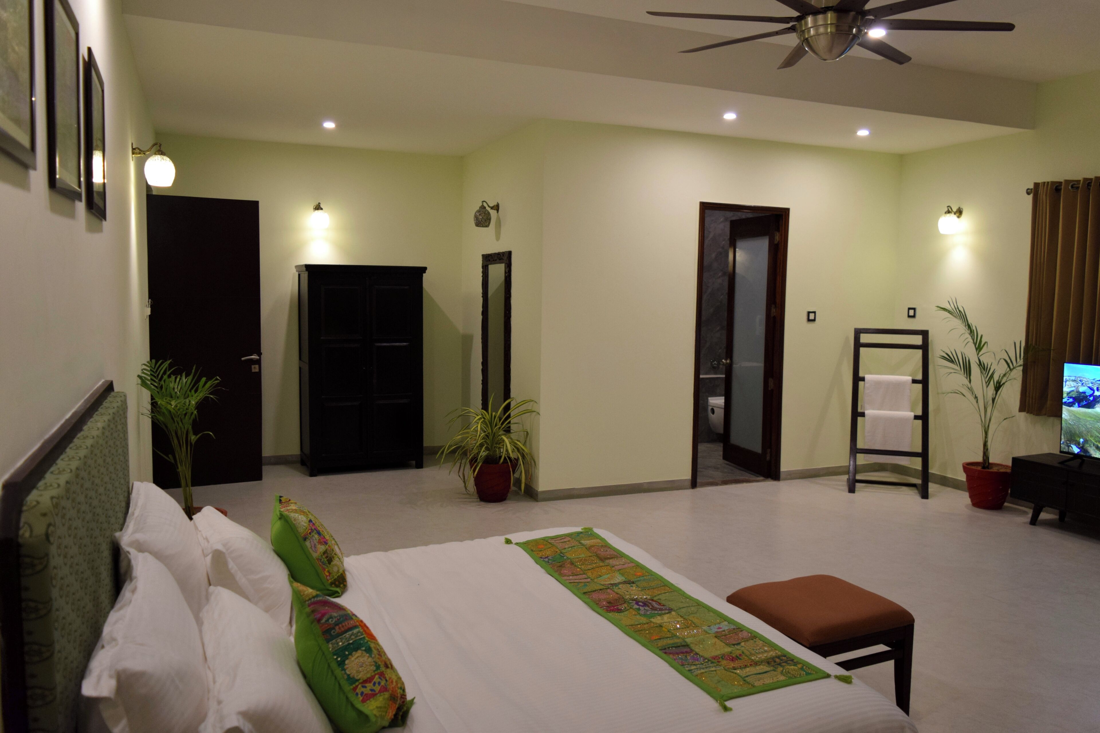 Quarto com cama, ventilador de teto, televisão e duas plantas em vasos.