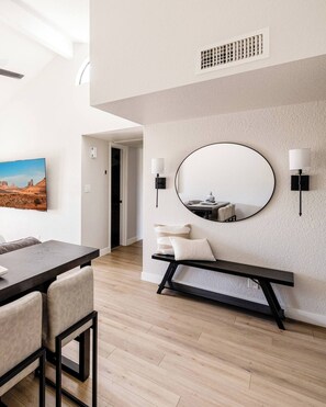 Interior - Welcome to your modern North Scottsdale escape—3BR, 2BA with 2 king beds and 1 queen. Enjoy a cozy fire pit, fenced yard, BBQ, and community pool, all minutes from TPC Scottsdale, spring training, hiking, dining, and Old Town nightlife. (Scottsdale)