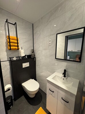 Shower, hair dryer, towels, soap