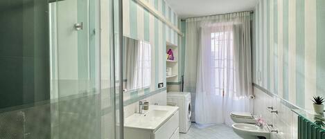 Regadera, secadora de cabello, bidet, toallas