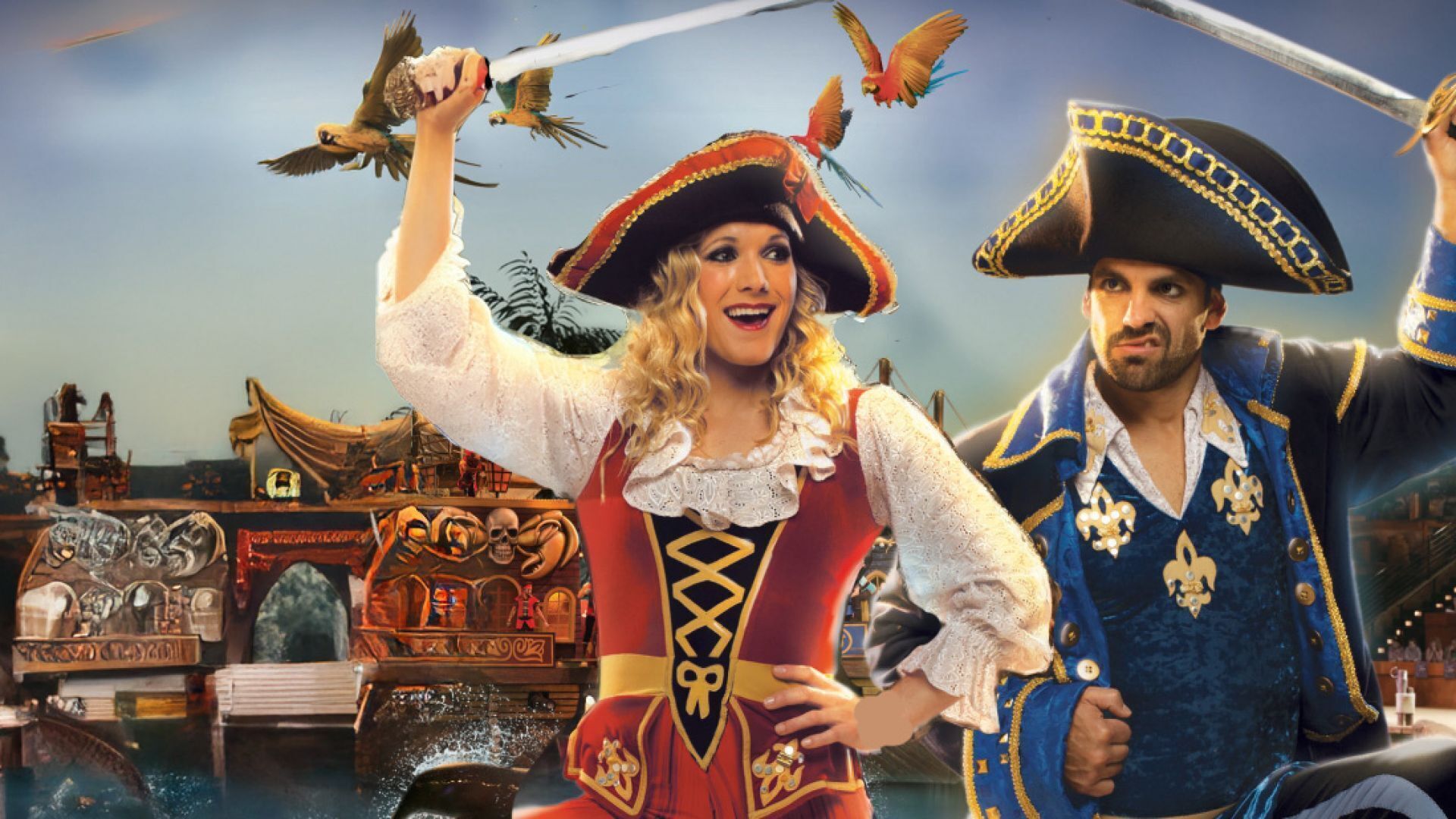 Escena temática pirata con un barco, un pirata y un loro.