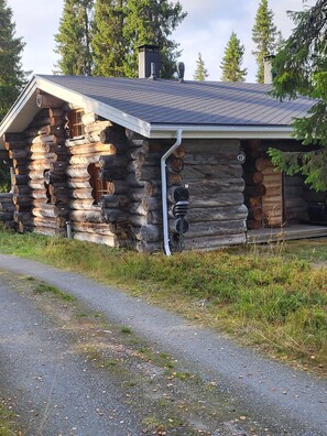 Eine Blockhütte mit geneigtem Dach, Schornstein und einer kleinen Veranda.