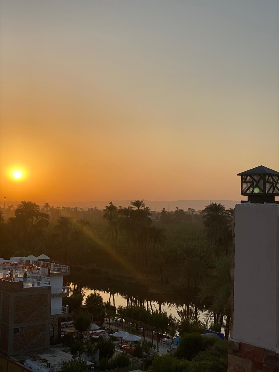 A sunset view over a body of water with buildings and palm trees in the foreground.