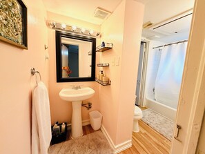 Hair dryer, bidet, towels, soap