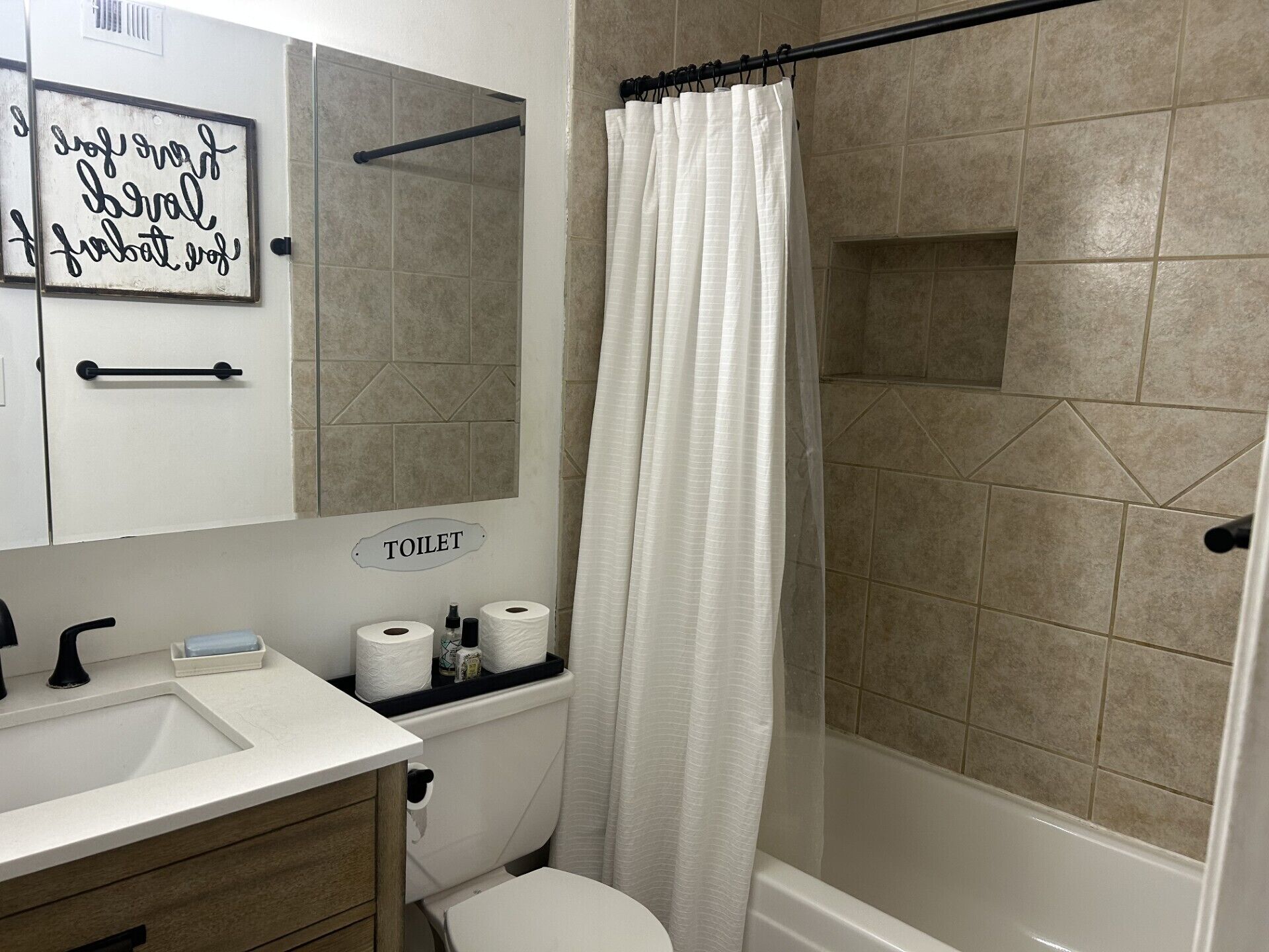 A bathroom with a toilet, sink, and shower curtain.