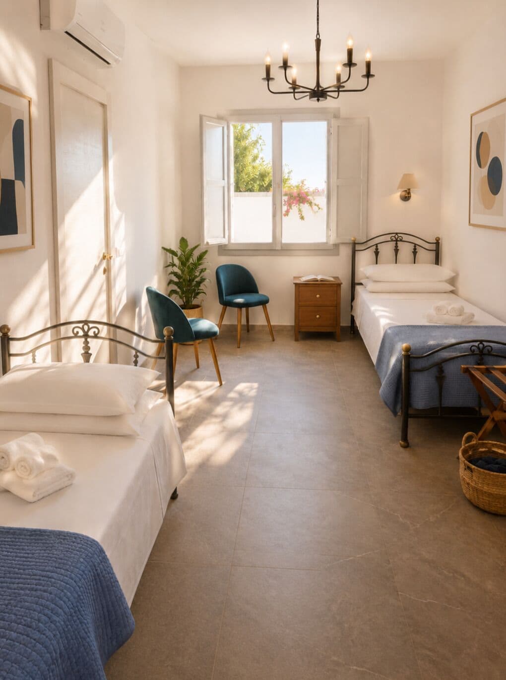 Una camera da letto con due letti, un lampadario, una finestra con tende, una pianta in vaso e un comodino.
