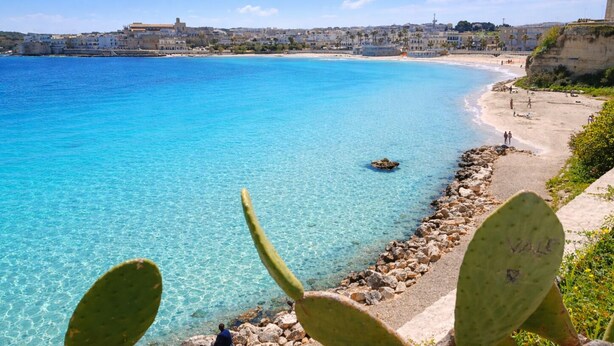 A coastal view with clear blue waters, a rocky shoreline, and buildings in the distance. - Masseria Luci Grande (Scorrano)