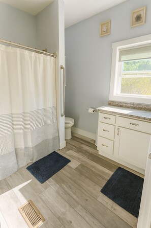 Hair dryer, towels, soap, shampoo