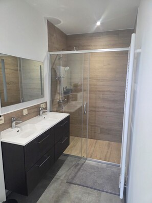 Shower, hair dryer, toilet paper