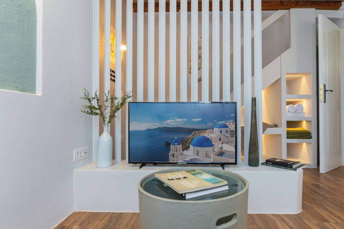 A modern living room with a flat-screen TV, a vase with plants, and a small table with a book.