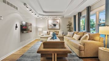 Smart TV, fireplace, foosball, books