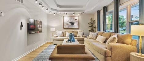 Smart TV, fireplace, foosball, books